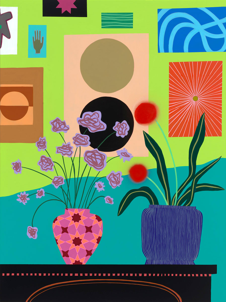 GREEN ROOM WITH ART AND FLOWERS 