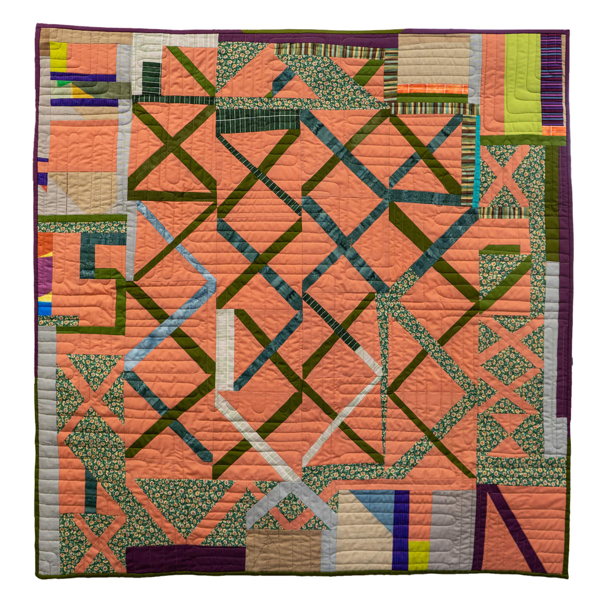 Family Triage III: Garden Plots by Sarah Atlee  Image: Repurposed 1984 quilt, quilting cotton. Machine pieced and quilted. 40 x 40 inches, 2022. Comes with hanging sleeve. Functional or wall-hanging quilt - safe for washer and dryer.