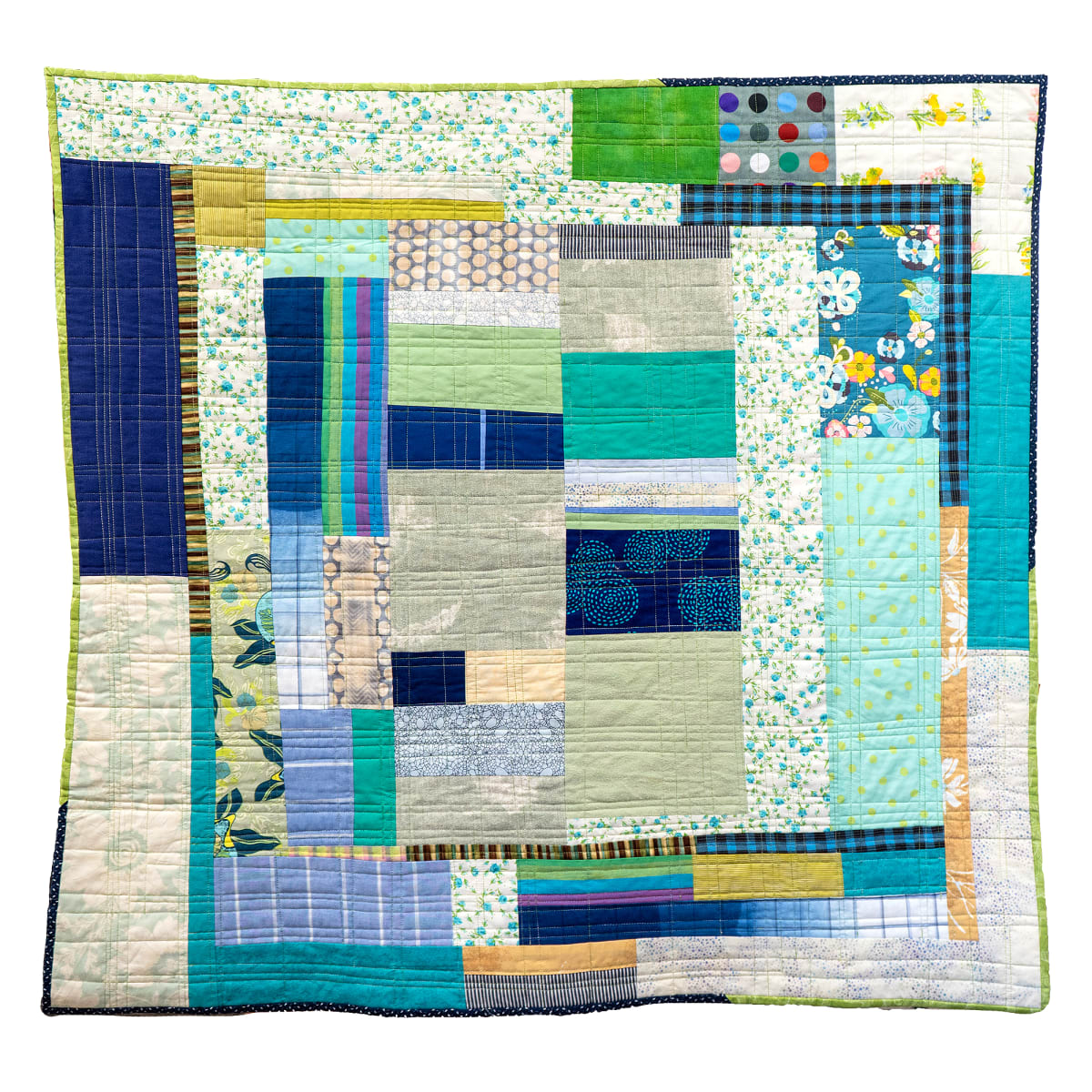 Fallow Fields by Sarah Atlee  Image: Reclaimed garments, reclaimed linens, hand-dyed cotton, and other fabrics, machine pieced and quilted. 39”h x 41”w. Wall-hanging or functional quilt - safe for washer & dryer. Comes with hanging sleeve.