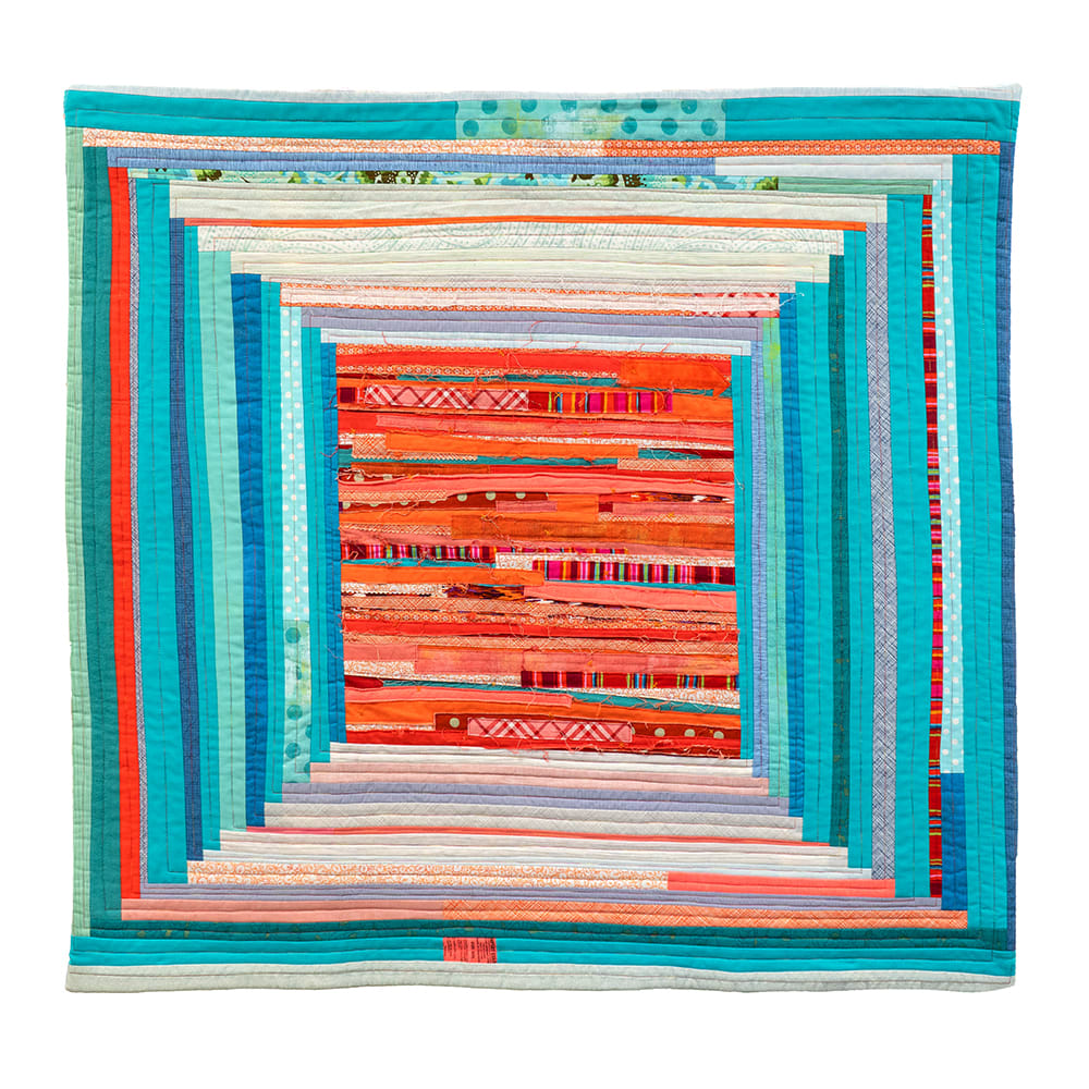 Log Cabana by Sarah Atlee  Image: Log Cabana. Reclaimed garments and other cotton fabrics, machine pieced and quilted with additional hand quilting.