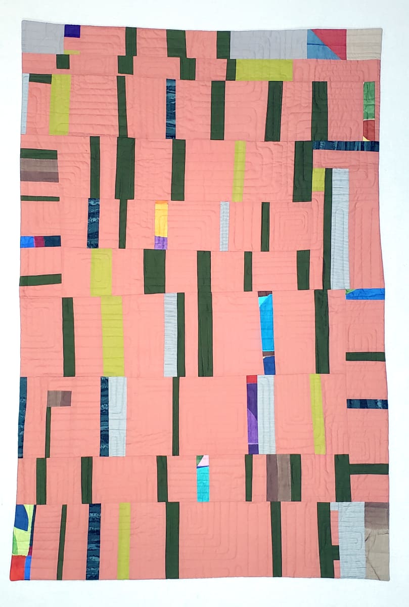 Family Triage II: Arrhythmia by Sarah Atlee  Image: Family Triage II: Arrhythmia. Repurposed 1984 quilt, quilting cotton. Machine pieced and quilted. 56x38 inches, 2021.