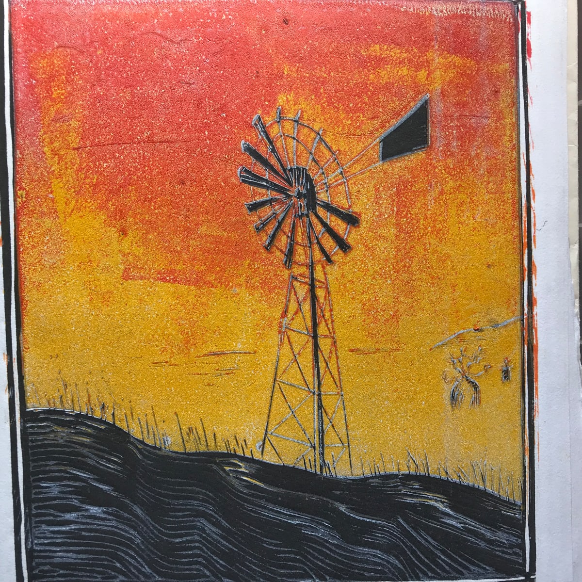 Windmill  Image: reduction linocut Variable edition of just 4.