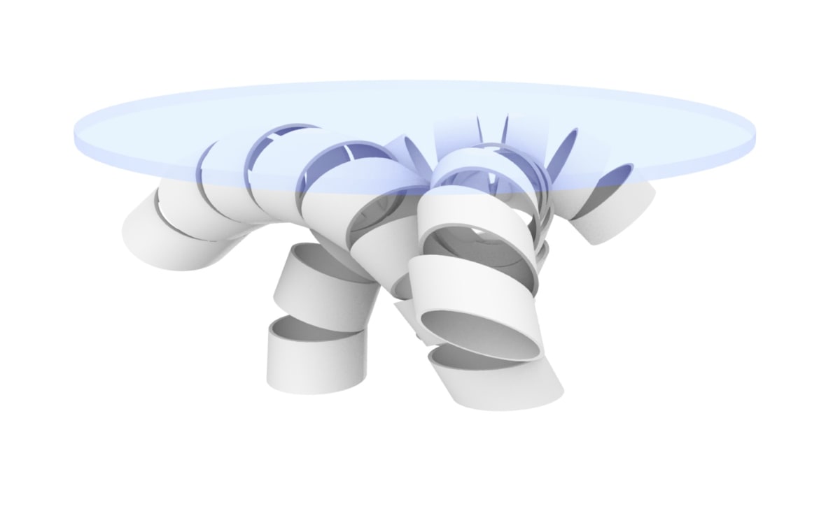 Caterpillar Coffee Table (fabrication model) by Damon Hamm  Image: 3D model in white with round glass top