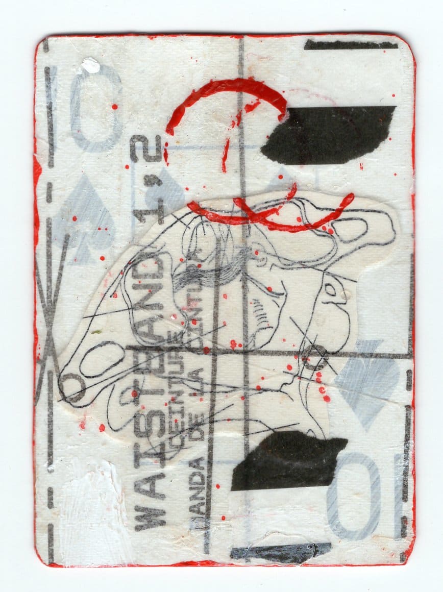 10 of Spades (Abortion Playing Cards) by Alexandra Jamieson  Image: Front: Human spine cross-section overlayed with scissors from old dress pattern. Red and black borders and lines allude to geographic information pointing people to a safe abortion provider in a now unknown place. Red circles imply secret identities about the people who made and shared the deck. ATC stamp added by a now forgotten teenaged Goth Kid with a sense of gallows humor.
