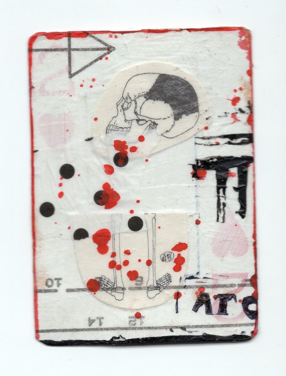 2 of Hearts (Abortion Trading Cards) by Alexandra Jamieson  Image: Front: Human skull and feet layered over with a sewing pattern and red ink to mimic blood spatter. Red Ink and black lines allude to geographic information to point people to a safe abortion provider in a now unknown place. ATC stamp added by an now forgotten teenaged Goth Kid with a sense of gallows humor. 
