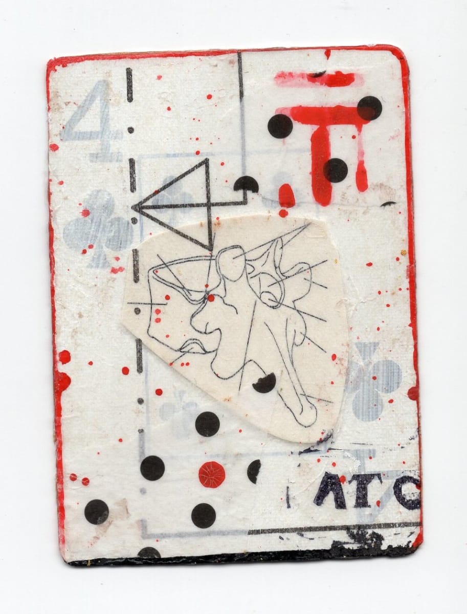 4 of Clubs (Abortion Trading Cards) by Alexandra Jamieson  Image: Front: Human tailbone overlayed with sewing pattern. Red and black borders, dots, and lines allude to covert geographic information to locate a safe abortion provider. ATC stamp added by a now forgotten teenaged Goth Kid with a sense of gallows humor.