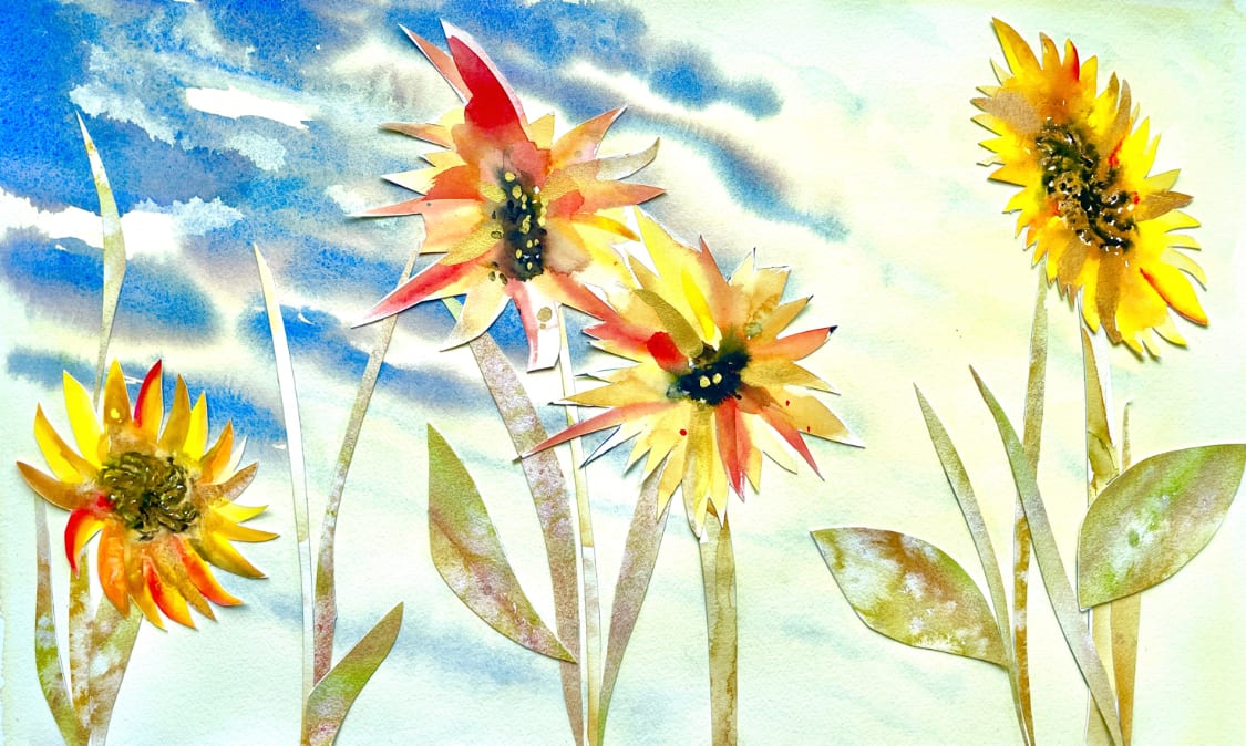 Sunflowers After A Storm  Image: Watercolor collage on Arches 100% cotton archival paper. 14 x 22 inches