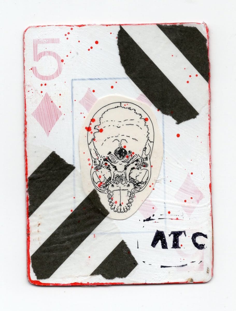 5 of Diamonds (Abortion Trading Cards) by Alexandra Jamieson  Image: to geographic information pointing people to a safe abortion provider in a secret place. ATC stamp added by a now forgotten teenaged Goth Kid with a sense of gallows humor.