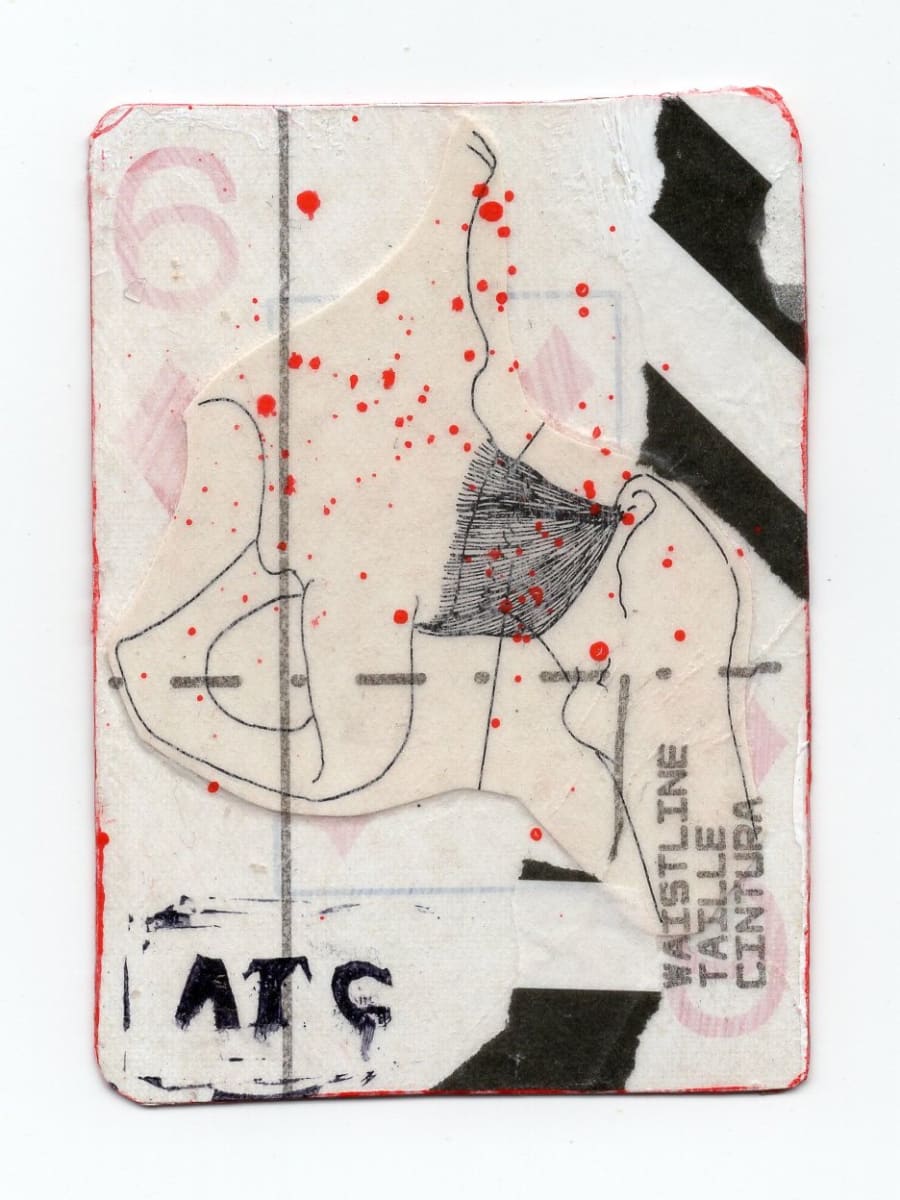 6 of Diamonds (Abortion Trading Cards) by Alexandra Jamieson  Image: Front: Human hip bone overlayed with old sewing pattern and red ink to mimic blood spatter. Black lines allude to geographic information pointing people to a safe abortion provider in a now unknown place. Red circles imply secret identities about the people who made and shared the deck. ATC stamp added by a now forgotten teenaged Goth Kid with a sense of gallows humor.