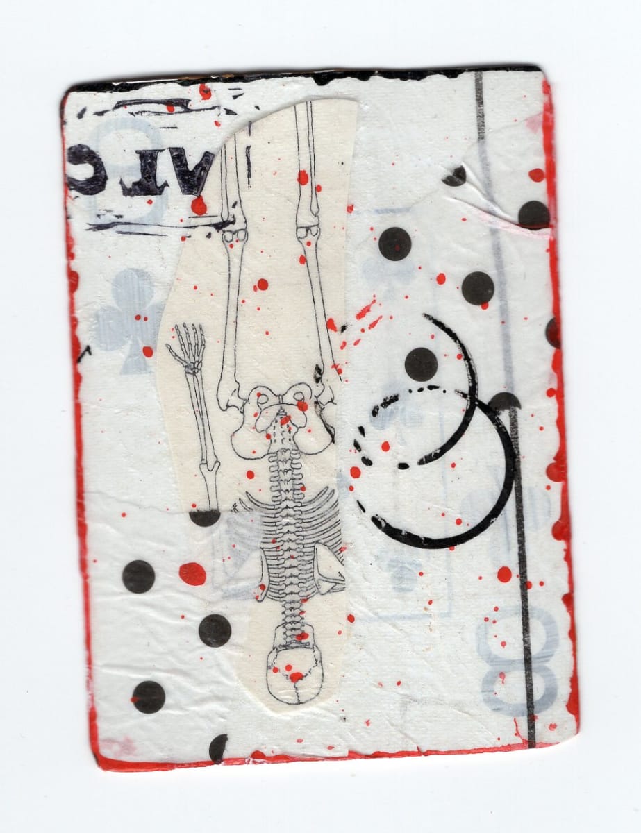 8 of Clubs (Abortion Trading Cards) by Alexandra Jamieson  Image: Front: Human skeleton overlayed with old sewing pattern and red ink to mimic blood spatter. Red and black borders, lines and dots allude to geographic information pointing people to a safe abortion provider in a now unknown place. Black circles imply secret identities about the people who made and shared the deck. 