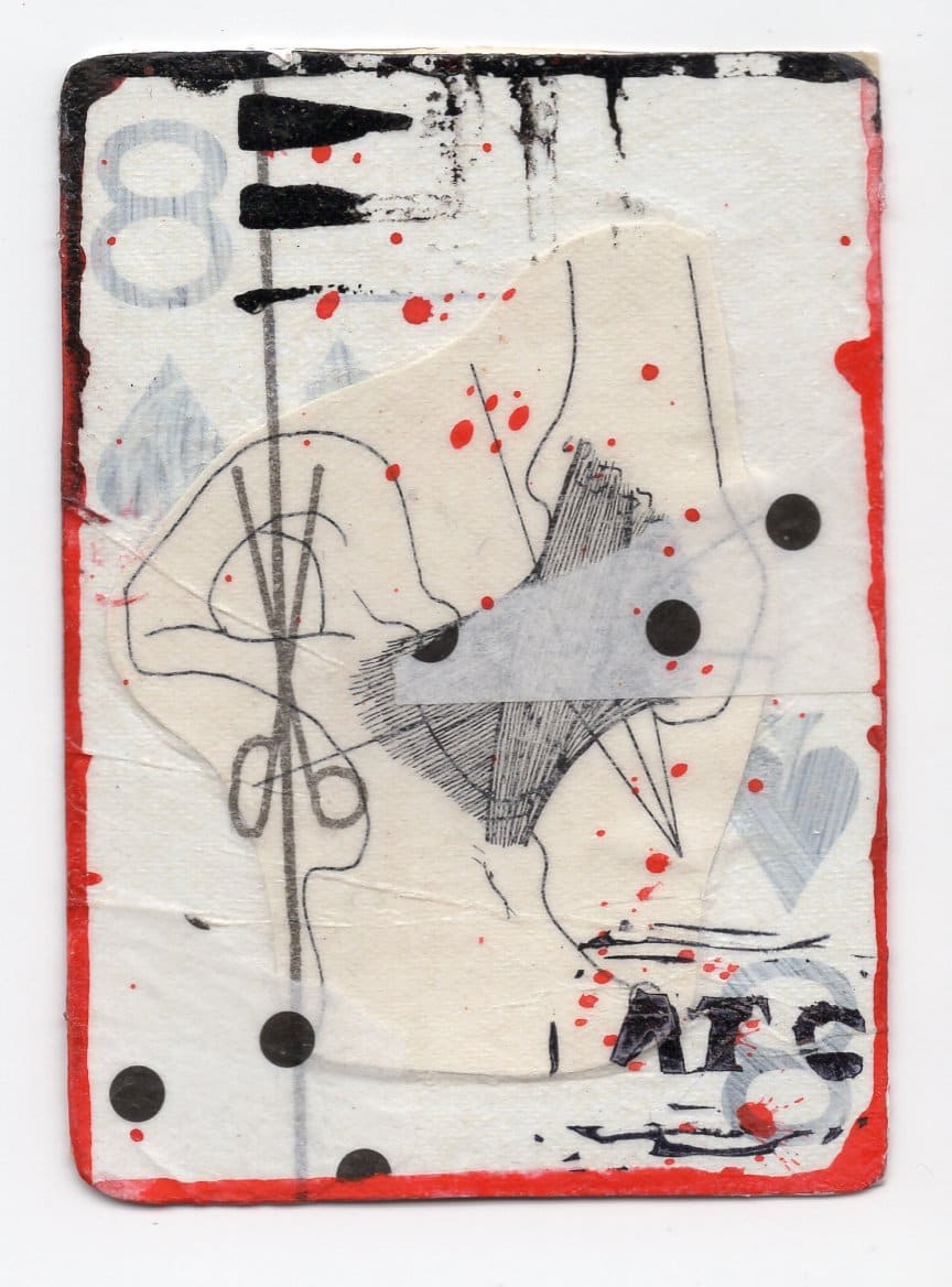 8 of Spades (Abortion Trading Cards) by Alexandra Jamieson  Image: Front: Human hip bone overlayed with an old dress pattern and red ink to mimic blood spatter. Red and black borders, lines and dots allude to geographic information pointing people to a safe abortion provider in a now unknown place. 