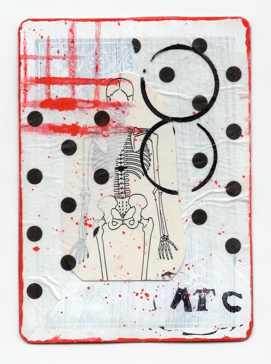 Blank Card (Abortion Trading Cards) by Alexandra Jamieson  Image: Front: Human skull and spinal fragment overlayed with old dress pattern. Red and black borders and lines allude to geographic information pointing people to a safe abortion provider in a now unknown place. ATC stamp added by a now forgotten teenaged Goth Kid with a sense of gallows humor.