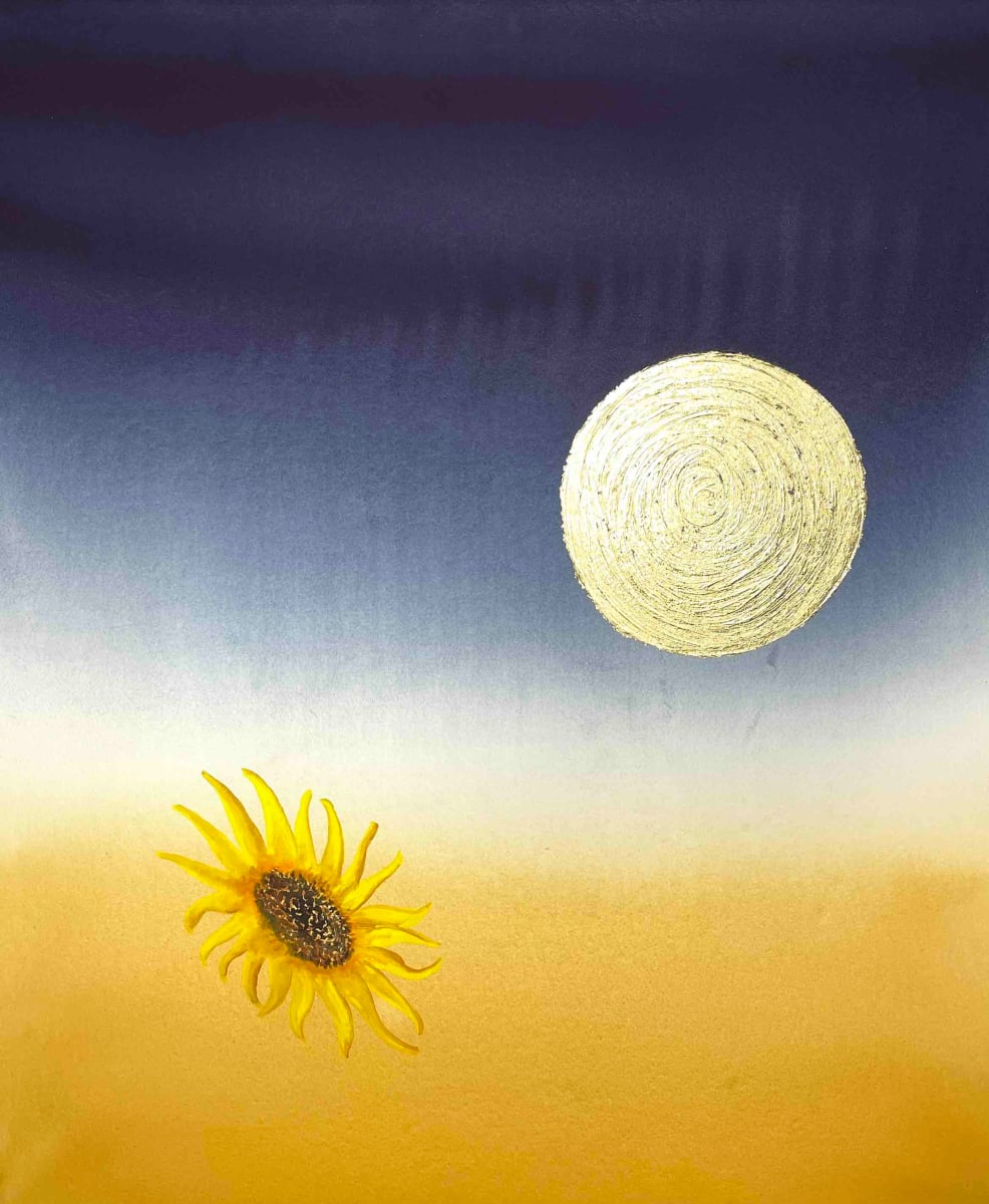 Celestial Sunflowers  Image: Watercolor on Arches archival 100% cotton paper. Gold foil sun.