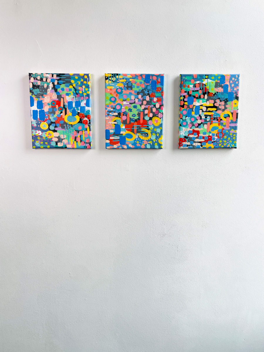 Pixelated Florals: Triptych 3 by Alexandra Jamieson  Image: Pixelated Florals: Triptych 3 is a small series of 8 x 10 inch canvases inspired by the artist's rooftop garden in Brooklyn, NYC. Painted in acrylics, 2023.