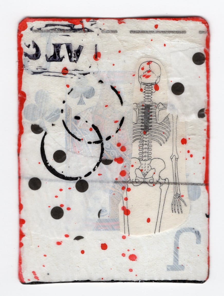 Jack of Clubs (Abortion Trading Cards) by Alexandra Jamieson  Image: Front: Human skeleton overlayed with old sewing pattern and red ink to mimic blood spatter. Red and black borders and dots allude to geographic information pointing people to a safe abortion provider in a now unknown place. Black circles imply secret identities about the people who made and shared the deck.