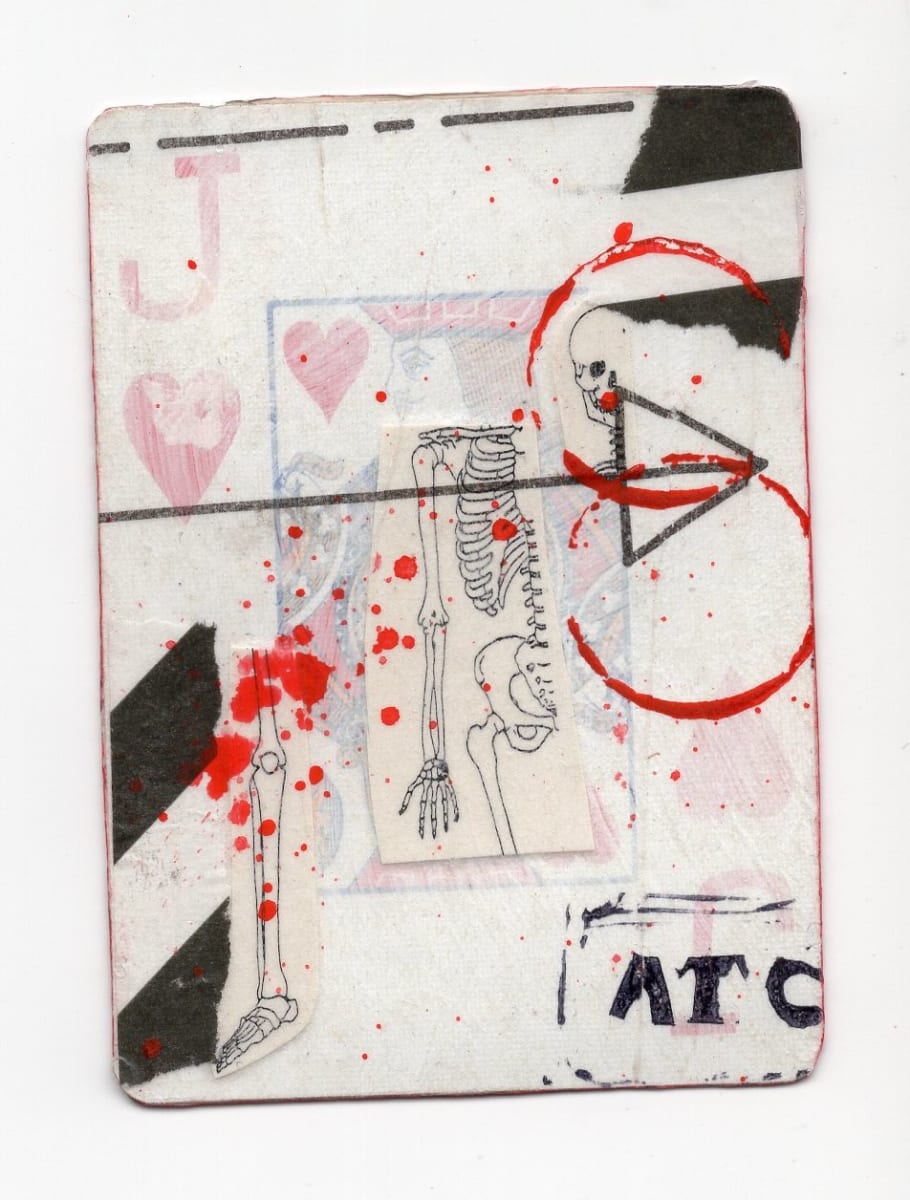 Jack of Hearts (Abortion Trading Cards) by Alexandra Jamieson  Image: Front: Human skeleton overlayed with old sewing pattern and red ink to mimic blood spatter. Red and black borders and lines allude to geographic information pointing people to a safe abortion provider in a now unknown place. Red circles imply secret identities about the people who made and shared the deck.