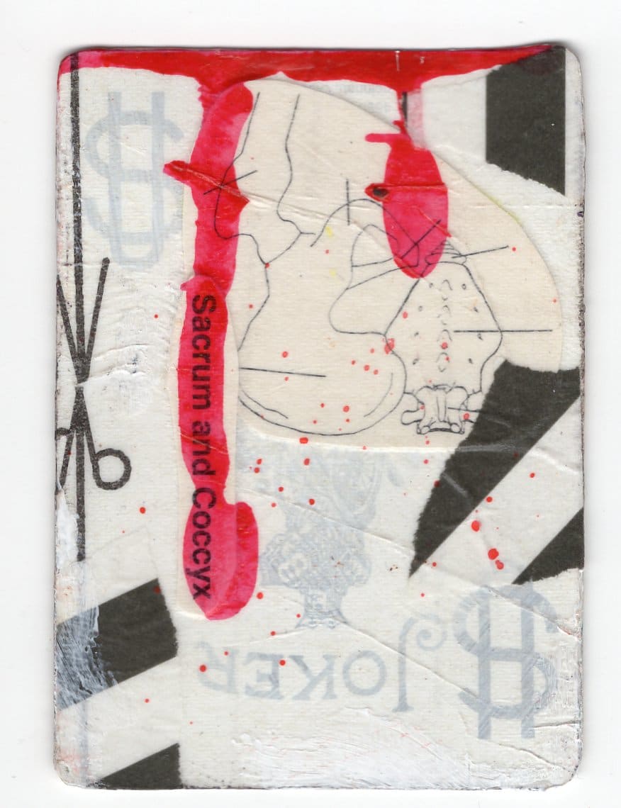 Joker 2 (Abortion Trading Cards) by Alexandra Jamieson  Image: Front: Joker card with Sacrum and Coccyx with overlay of scissors from old sewing pattern. Black lines allude to geographic information pointing people to a safe abortion provider in a now unknown place.