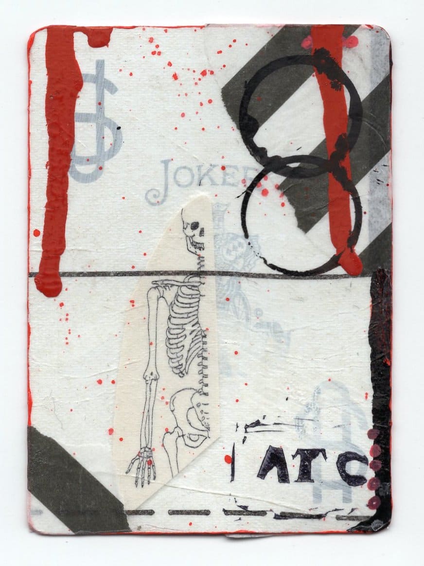 Joker (Abortion Trading Cards) by Alexandra Jamieson  Image: Front: Human skeleton overlayed with old sewing pattern. Red and black borders and lines allude to geographic information pointing people to a safe abortion provider in a now unknown place. Black circles imply secret identities about the people who made and shared the deck.