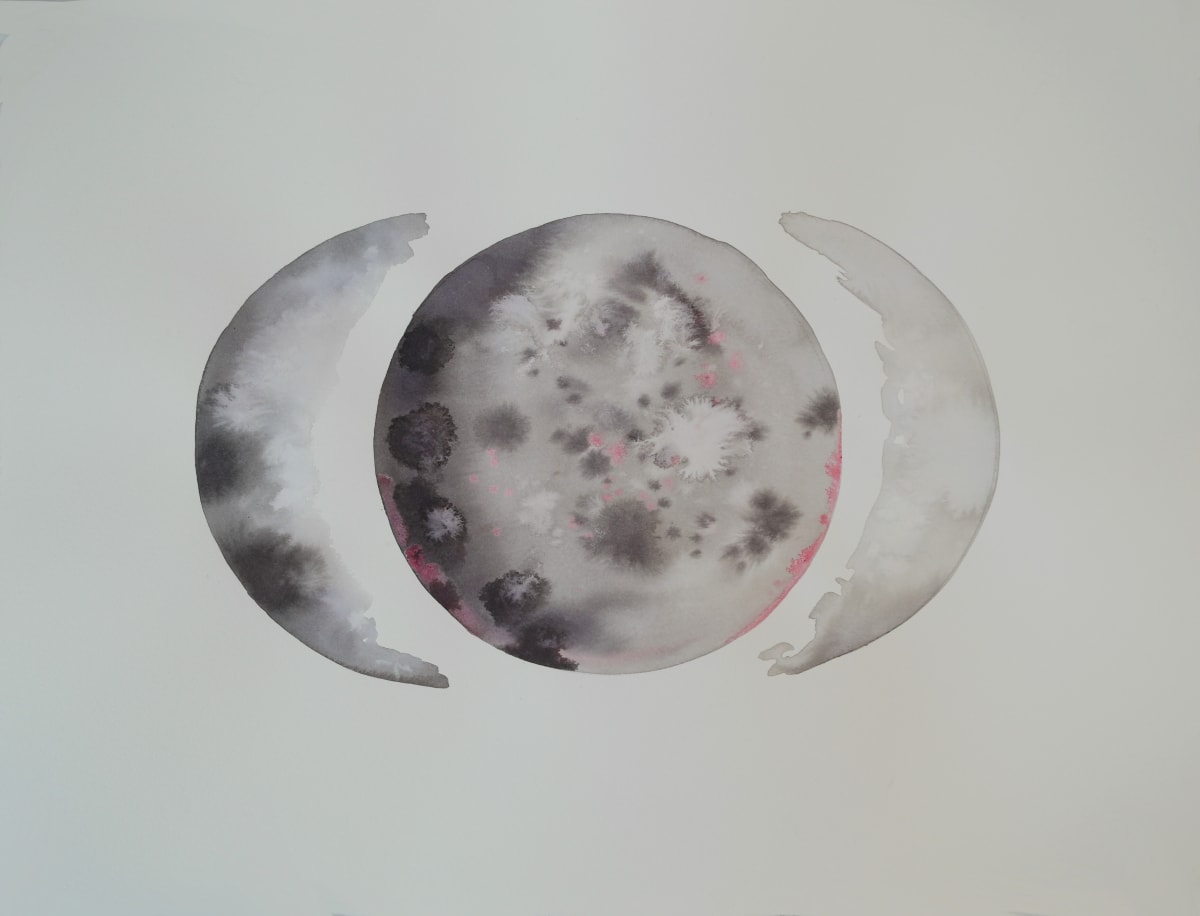 Pink Moon: Phases  Image: Watercolor moon phases with hints of pink. Sea salt details. 18 x 24 inches on Arches 100% archival cotton paper.