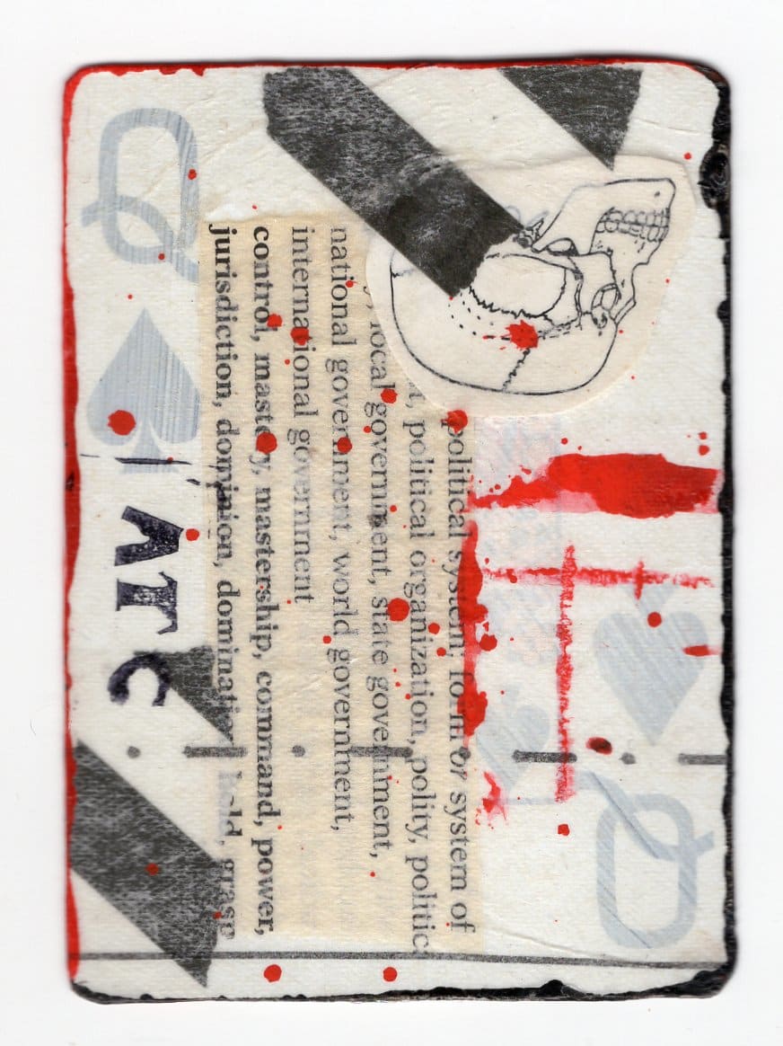 Queen of Spades (Abortion Trading Cards) by Alexandra Jamieson  Image: Front: Human skull overlays thesaurus words for government control, with old sewing pattern. Black and red borders and lines allude to geographic information pointing people to a safe abortion provider in a now unknown place.
