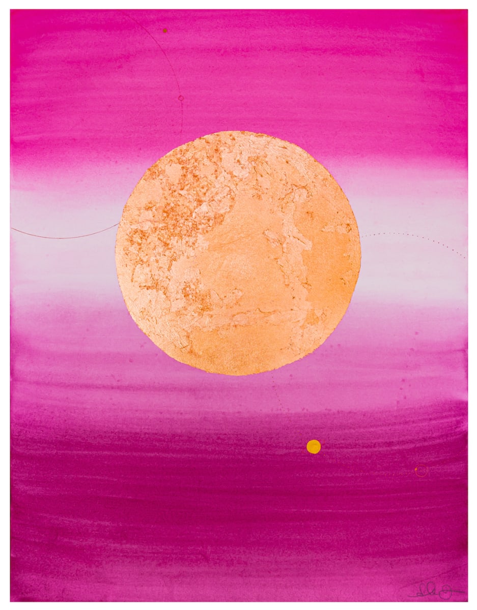 Pink Copper Moon by Alexandra Jamieson  Image: 24 x 18 x 1 inches. Watercolor with metallic ink and copper moon details. Painted on Arches 100% Cotton archival paper, stretched as a canvas on wooden stretcher bars. 
