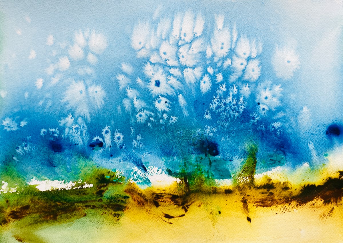 Soul Scape Ocean  Image: Watercolor scraped, not painted, on Arches archival paper. Sea salt dappling. 
