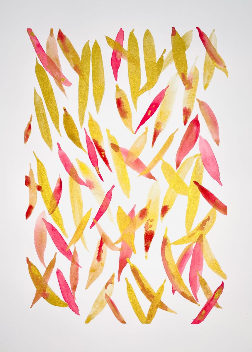 Red Gold Bamboo Leaves Falling  Image: Metallic gold watercolor with scarlet colored bamboo leaves. Falling and floating.