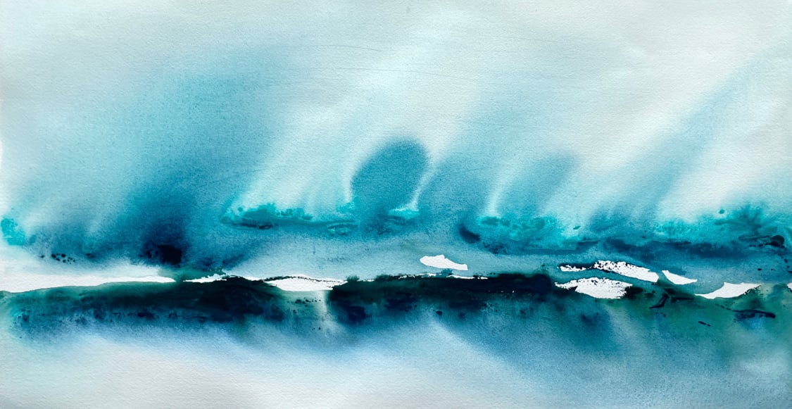 Soul Scape Blue by Alexandra Jamieson  Image: Blue watercolor landscape. Daniel Smith Watercolors are scraped across the page and water is applied and tilted to create movement in the landscape. Professionally framed at Blick in a birch frame.