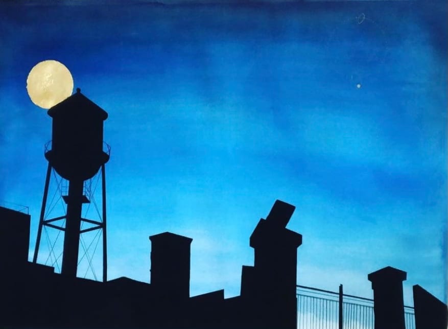 Brooklyn Night Water Tower  Image: Night scene of Brooklyn water tower next to the Navy Yards. Watercolor, ink and gold foil. 18 x 24 inches. Arches Archival 100% cotton paper.