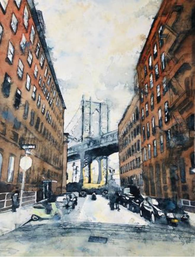 Dumbo Dreams of Manhattan  Image: Watercolor of iconic DUMBO Brooklyn street in NYC
