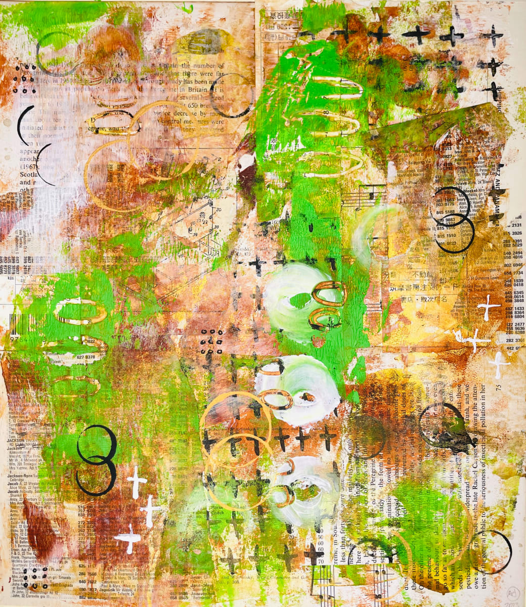 Green and Gold Pieces by Alexandra Jamieson  Image: Multimedia Collage, 13 x 11.5 inch, 2023