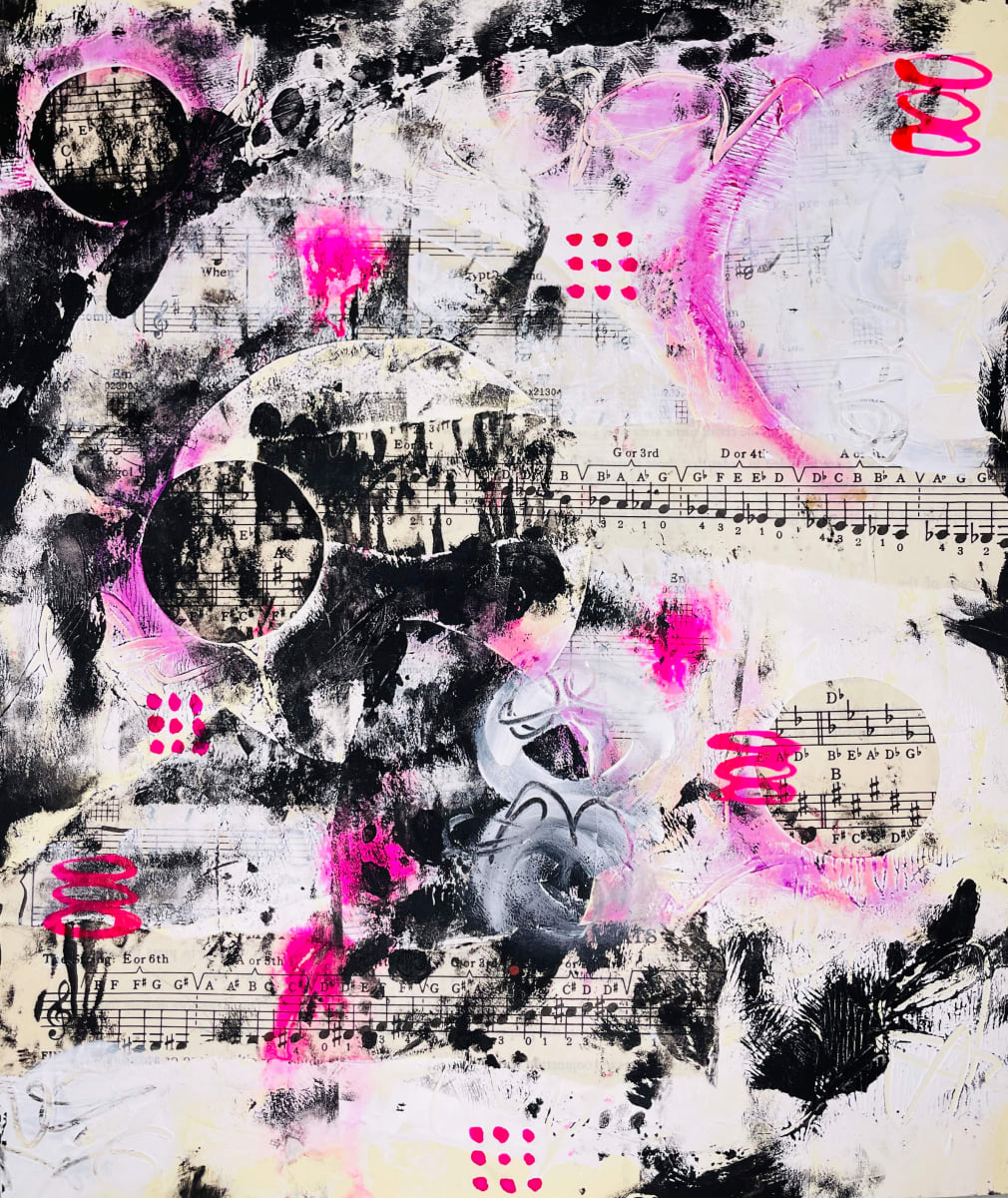 Pink Pieces by Alexandra Jamieson  Image: Multimedia Collage with acrylic paint and inks. 13x11.5 in. 2023