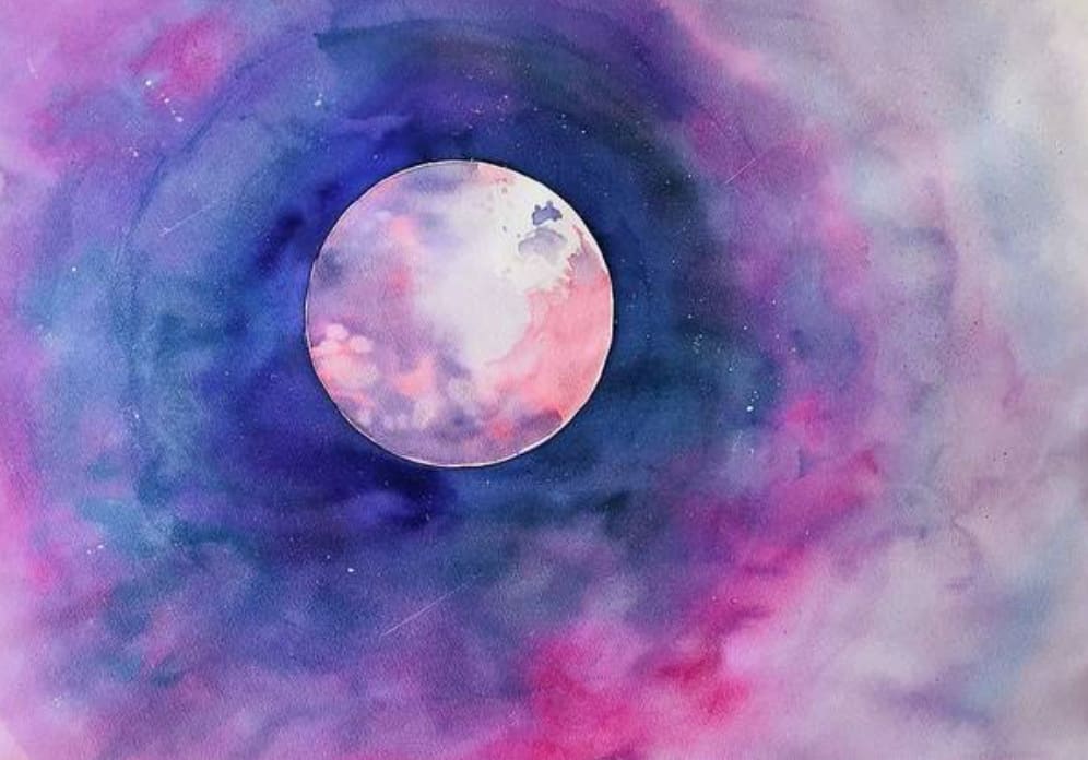 Pink Moon by Alexandra Jamieson  Image: Watercolor Moon with silver ink asterisms