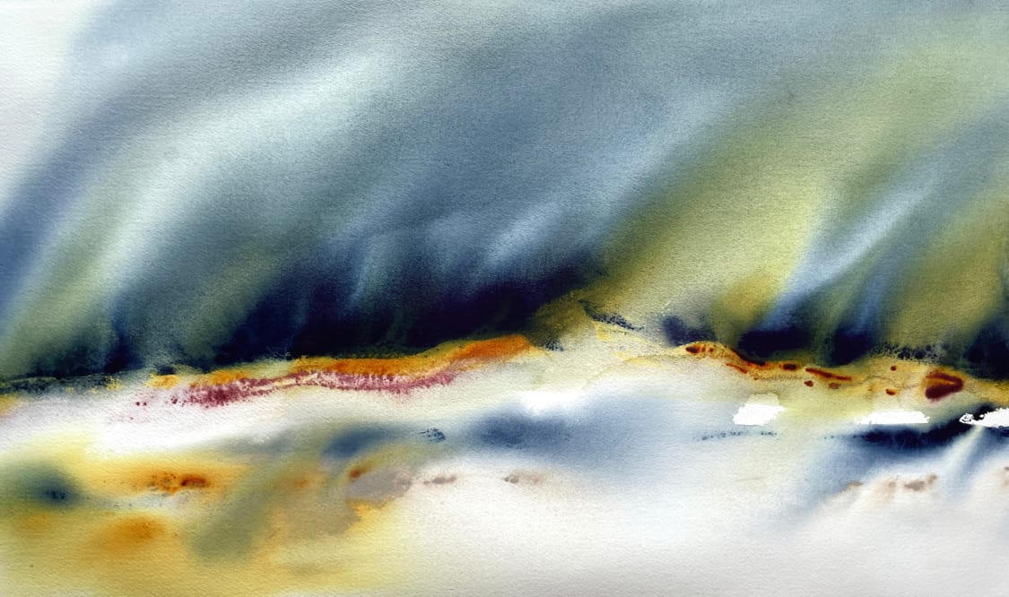 Soul Scape Wild by Alexandra Jamieson  Image: Watercolor landscape. Daniel Smith Watercolors are scraped across the page and water is applied and tilted to create movement in the landscape. Professionally framed at Blick in a birch frame.