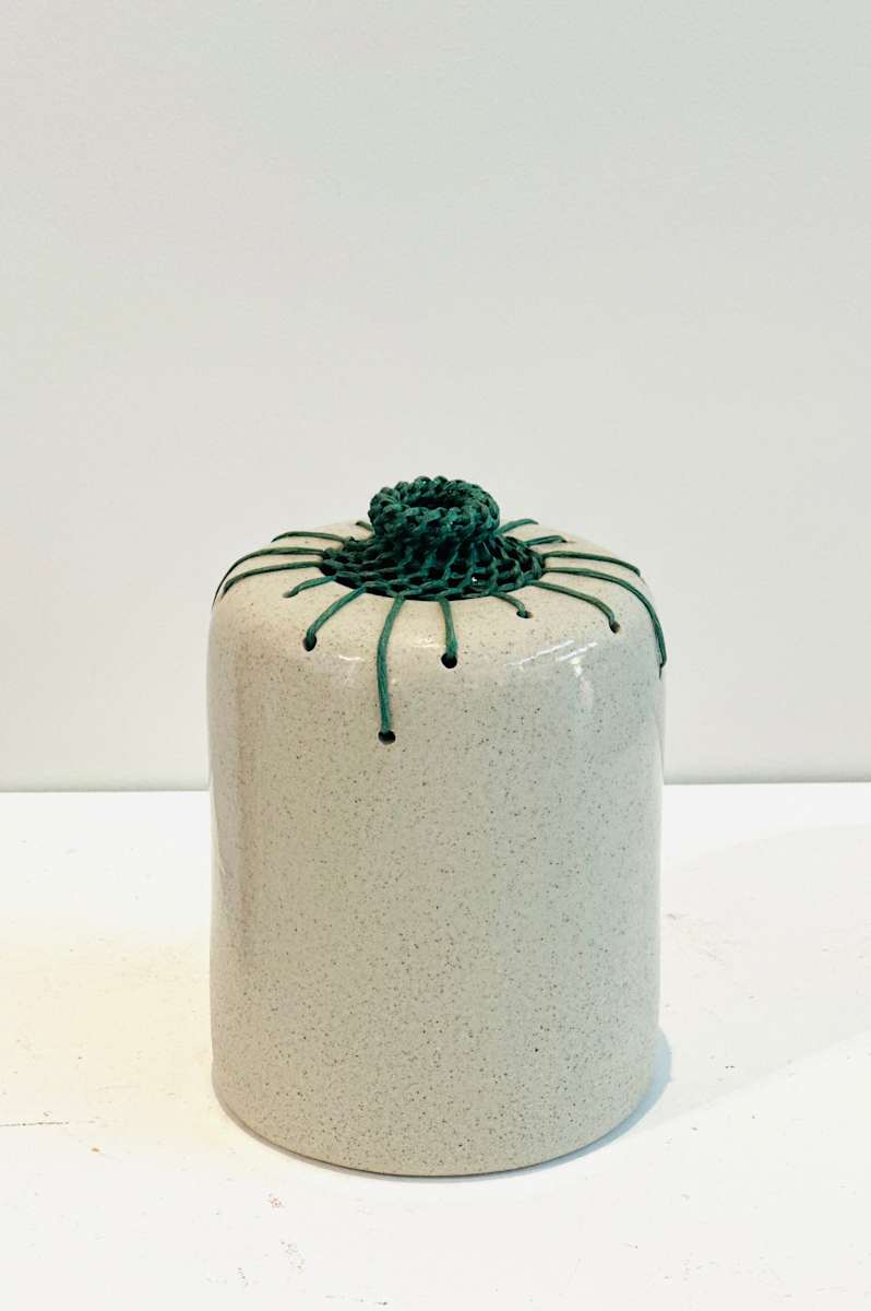 Grey Speckle Green  woven series 1 by Michelle Huizinga  Image: Grey speck stoneware glaze & paper fibre wire