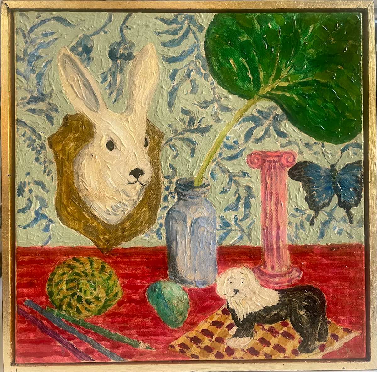“Paper Mache Rabbit” by Christopher Roch  Image: Paper Mache Rabbit, Impasto, acrylic on stretched canvas with gold leaf frame.