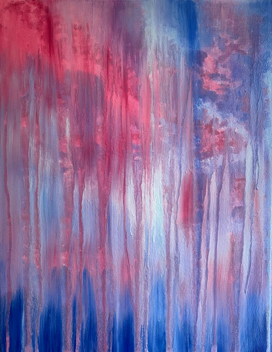 Red Rainy Sky at Night by Rachel Brask  Image: In this oil painting by Rachel Brask, warm and cool tones swirl and dance in the sky, anticipating the rainfall and how these colors will blend on their descennding the canvas. The skyscape can be interpreted as being viewed either over distant hills or mountains, or over the sea. It brought to mind the saying "Red sky at night, sailor's delight, red sky at morning, sailors take warning."