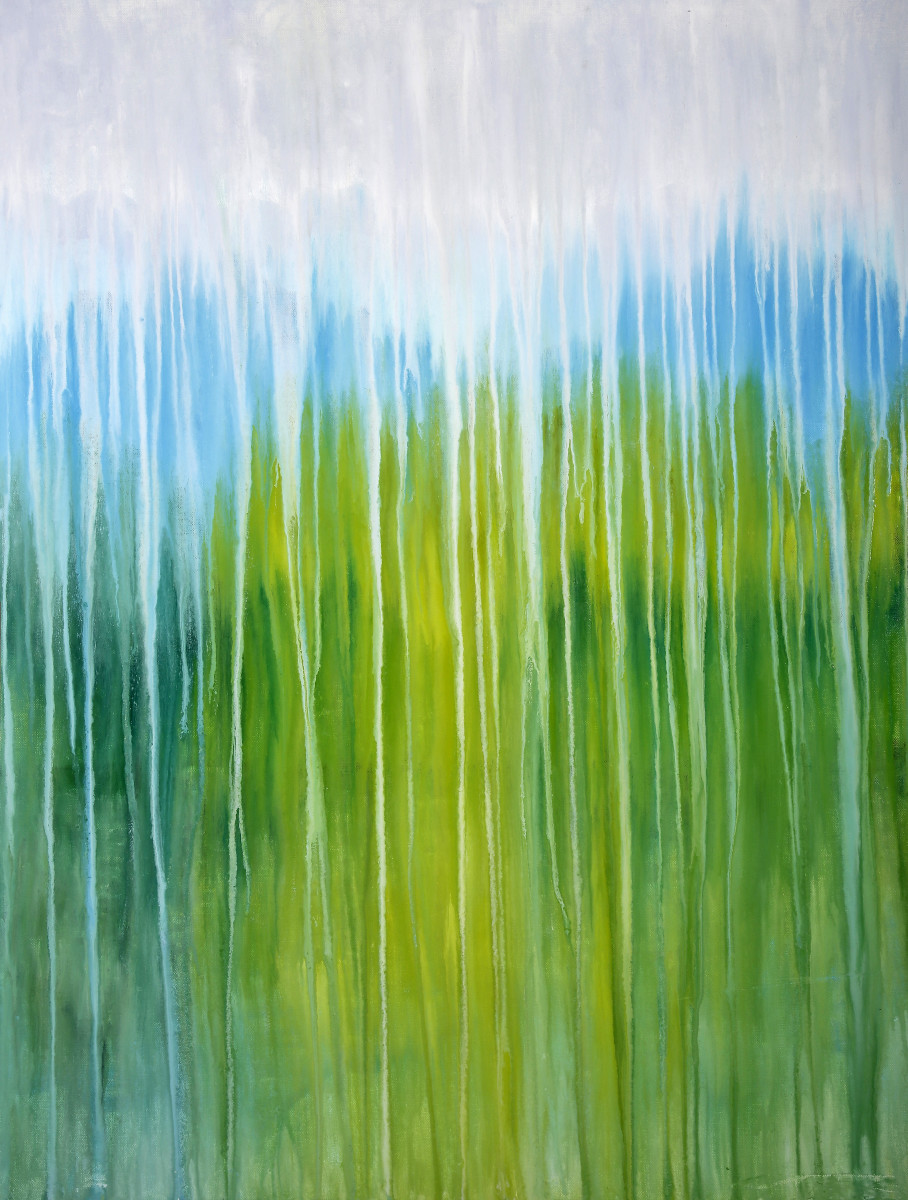 Rainy Moment 18 Elysian Pond Rainy Reflections by Rachel Brask  Image: This greenscape oil painting is inspired by the rainy reflections off a pond in the Blue Ridge Mountains of North Carolina. I was stunned by the range of summer green hues in the grass, bushes, flowers and trees, all with the blue of the mountains rising in the backround sky. I imagined this scene as though viewing it through a window as it's pouring rain out, abstracted the colors and dragging some of the color from the top of the window canvas as the raindrops roll down the scene. At a certain point, this is artwork is no longer about the scene that it started as, because then it is transformed, abstracted, and recreated in the celebration of materiality, texture, and temporality in the process. 