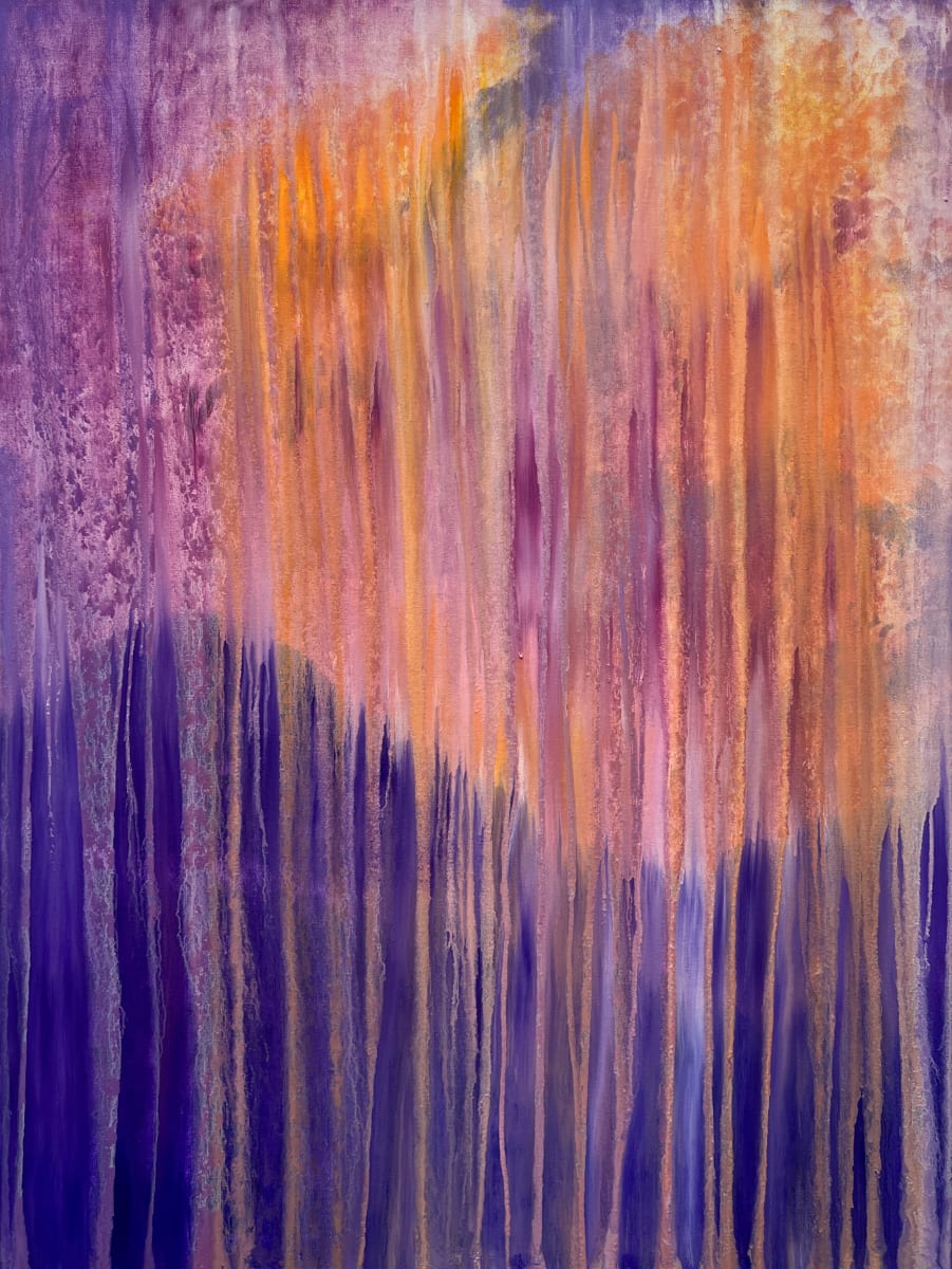 3 . 6 - Late Valley Sunset Rains by Rachel Brask  Image: This painting highlights the change of sunset rain from earlier warm hues falling in harmony with the raindrops refracting the cooler tones of a later sunset, before nightfall. Highlighting the oranges, purples, and pink tones, Brask uses oil paints and a process of creating an image in pointilism texture, only to wipe it all away using gravity, brushwork, and time. Like the process of adapting to rainy days, with each droplet, she adapts her original vision for the painting to work in conversation with gently modifiying where and how the raindrops roll down the painting's imagined window. 