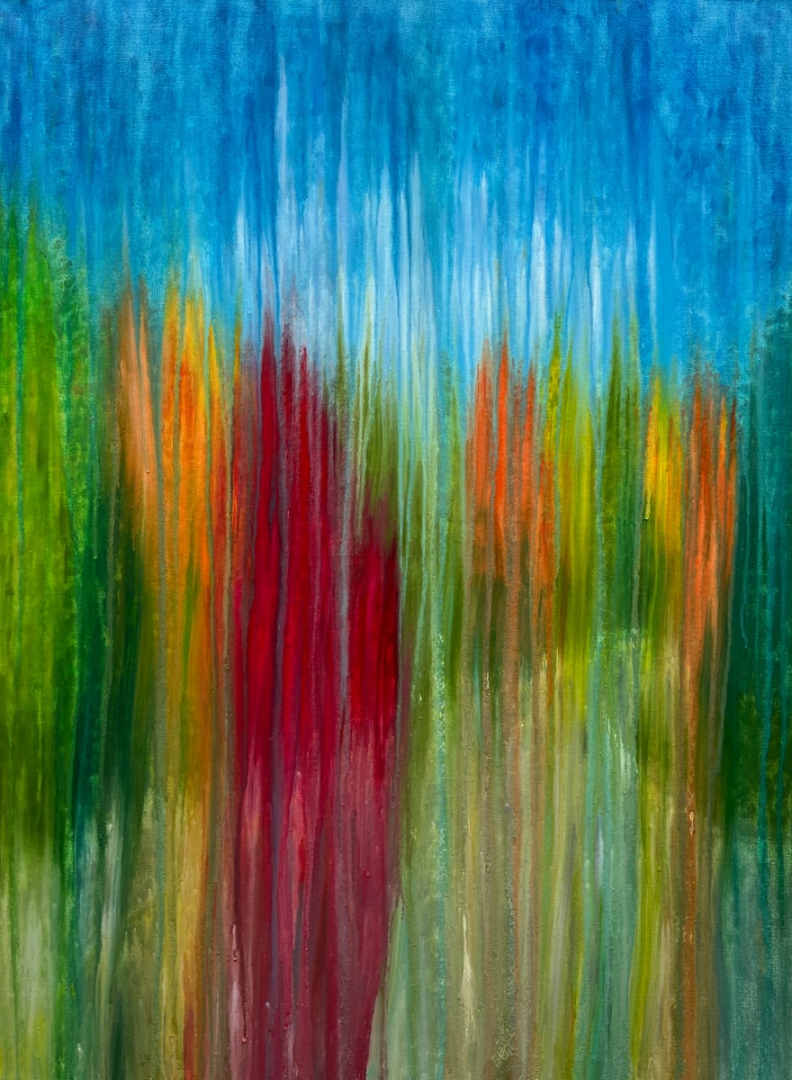 Sky Falling on Rainy Road Ahead by Rachel Brask  Image: This road through autumn landscape takes place in the Adirondack Mountains, following the road up and around all the bends during an afternoon drive. Afternoon drives just to see the changing colors of the fall foliage is a favorite pasttime, and this journey started out no different. It was through these colorful roads lined with gorgeous reds, golds, oranges, and yellows and greens that I received life changing news once I made it to an area where we could take a phone call. The rain started out in this painting as a general lens of abstraction of paint materiality and gravity, but then took on a different metaphor akin to the unpredictable nature of rain that causes us to have to let go, despite the sadness or pain we might feel in the process. The rainy road ahead in this painting was the same physical road for the drive to our destination, but it was a different journey in our return, even though the concrete, gravel, turns and twists were all the same as before. 