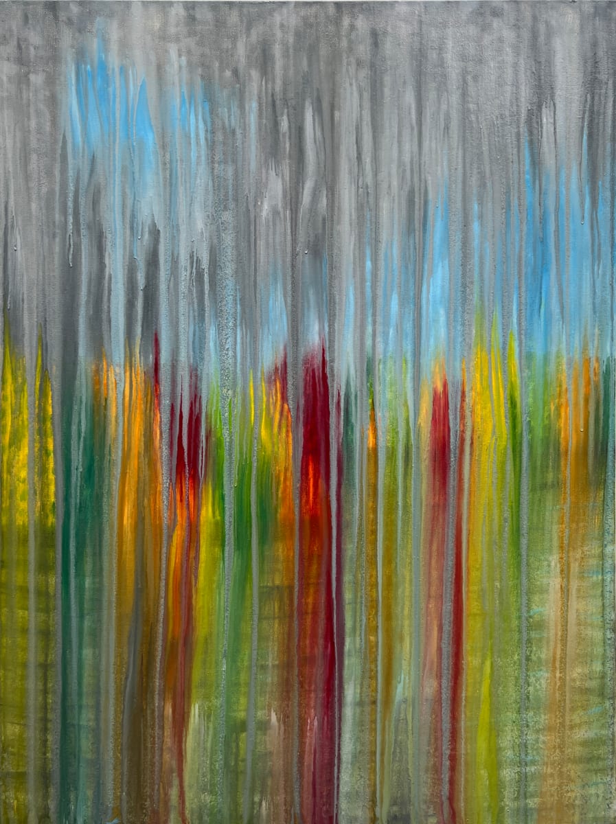 Rainy Blue Sky Breakthrough by Rachel Brask  Image: How many times do we look to the sky on a gray day and count our blessings? Many take a gray rainy day as an expression of doom, gloom and sadness. How much more often do the gray days coexist with patches of clear blue sky? In this painting, I aim to express the contrast of the beautiful and warm fall foliage colors with the gray storm that appears to be rolling in, or rolling out, depending on how you view the artwork. Over the horizon is a section of blue sky. But if you look even more closely at the top left of the painting, you'll see there's a breakthrough patch of blue sky in the midst of the gray, a little reminder that we can find that breakthrough when we look hard enough for it; or it has a way of finding us when we're least expecting it. All this uses rain and oil paint as the abstraction of time, material and metaphor.