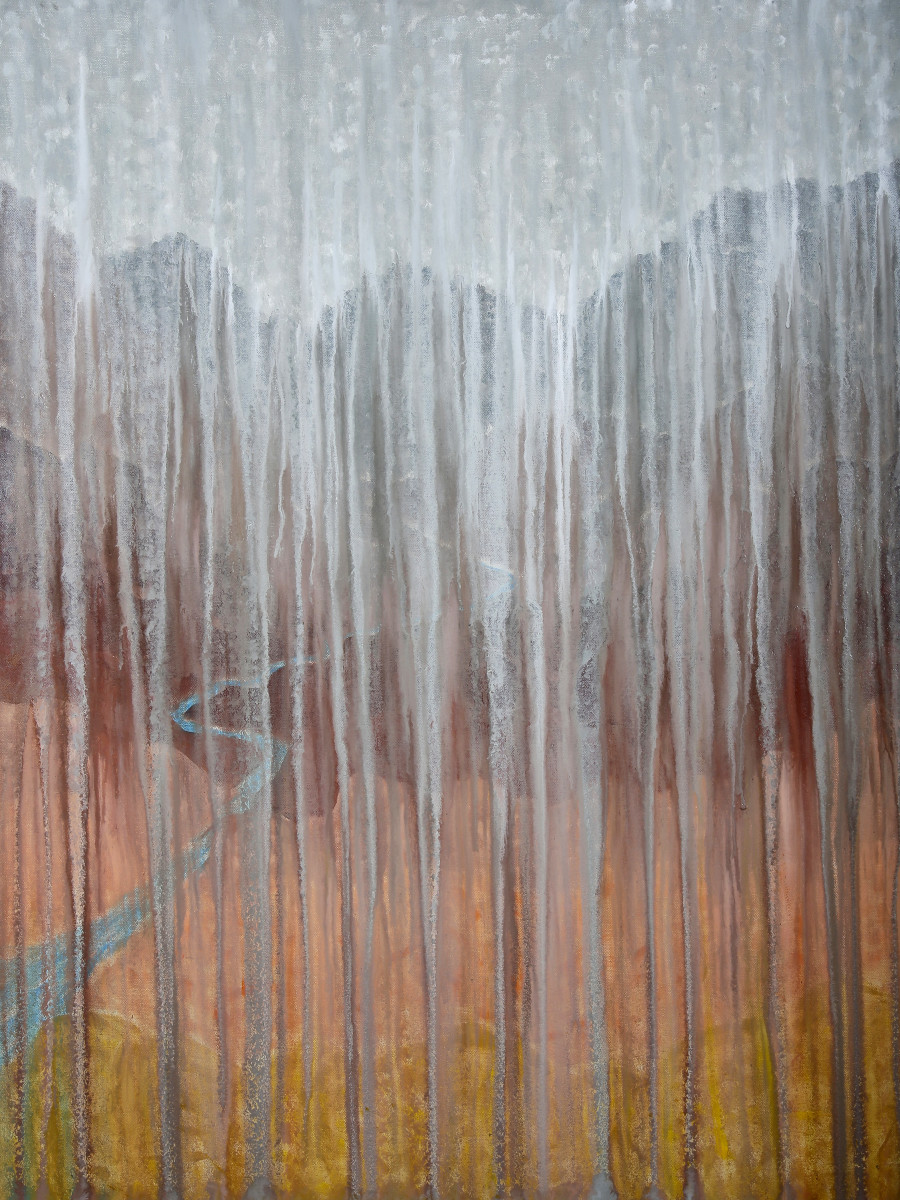 Rainy Moment 21 Rainy Rocky Landscape by Rachel Brask  Image: A slight departure from Brask's more saturated and colorful rainscapes, this oil painting remains in neutral territory, earth tones of grays and warm browns, expressions of a mountain or dessert landscape somewhere in the American west, possibly along the Rocky Mountains. While this landscape might be relatively dry at times, there is a very small river that meanders its way through the valley, where all the rain from this particular storm will eventually flow to. The gray colors of the sky cools down the warm hues of the land, the sky opened up its rain to cool the ground and provide much-needed rain. 