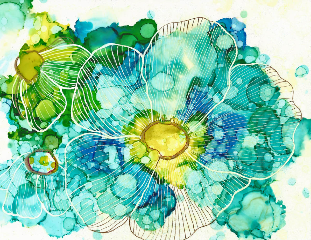 Big Blue Flower by Sandra Swan  Image: Original hand painted contemporary floral. When you want to make the finest impression: Acrylic is to wall art, what HD is to TV. Acrylic prints, in basic terms, are photos printed on shatter resistant, lightweight glass panels.

Digital images are printed directly on the surface of the acrylic panel via a flatbed printer creating a luminous look with colors that pop. Acrylic prints are an affordable route to modernize and personalize your decor, giving your residential or commercial space a beautiful focal point that will impress guests and clients alike.

Often found in modern homes/offices, hospitality spaces, and art galleries, this product is truly one-of-a-kind and cannot be replicated by other solutions like a laminated photo, or a photo encased in acrylic for instance. Acrylic offers colors that are more vivid, glossy, and have a higher contrast.

Message for alternative or custom sizes. Also available as conventional print.  Original currently available as well. 