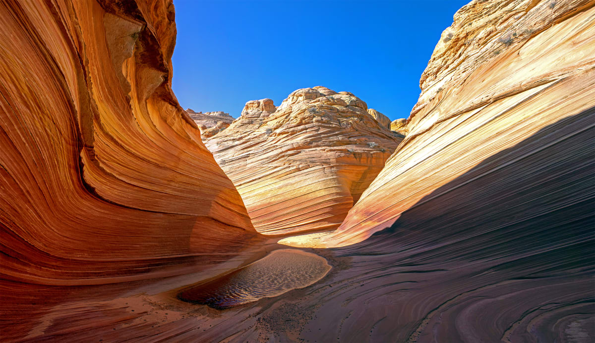 The Wave_Panorama by Sandra Swan  Image: Only a select few are allowed to this area daily!  A light rain the night before and strong winds provided a small rippling pool to further enhance the stunning beauty of this natural formation. A large custom piece is possible through skillful photography and composite editing with three separate images to create the best portrait of this area ever produced.   