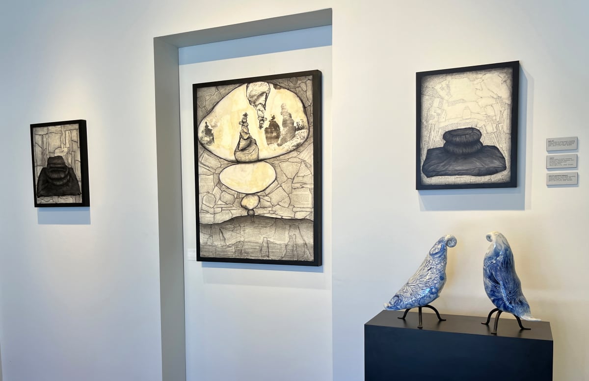 Installation view: cushions with birds by Christy Hengst 