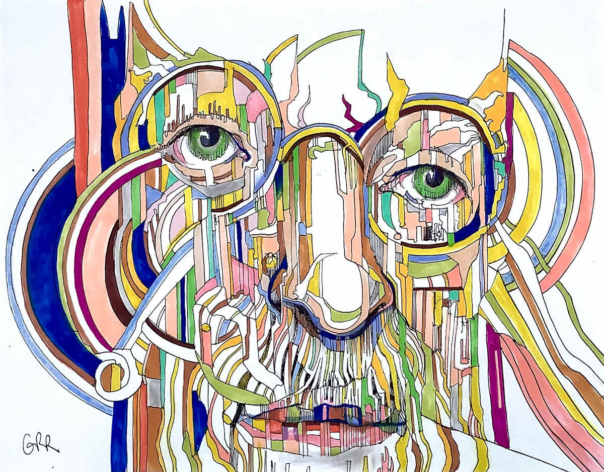 Colourful ink drawing by Glen Ronald 