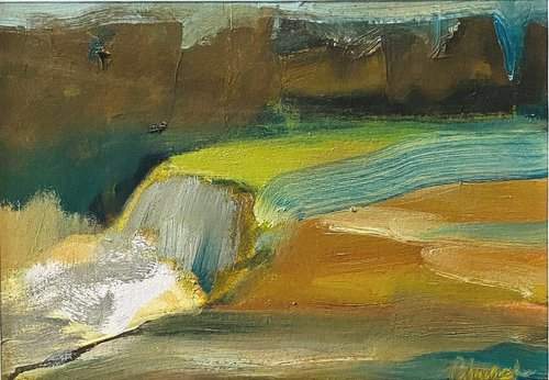 Honeoye Falls by Maureen Church  Image: A small plein air painting in oil on Arches Hueille Painting Paper. 