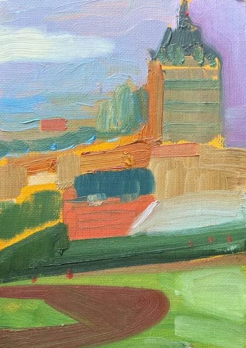 Ballpark at Dusk by Maureen Church  Image: a plein air from an evening with the Rochester Red Wings