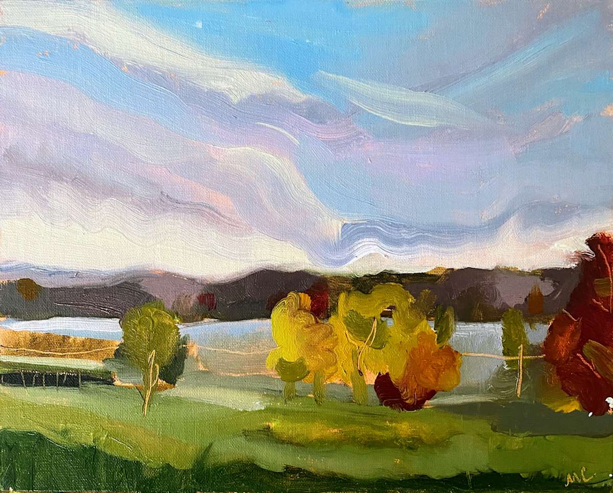 Keuka Spring by Maureen Church  Image: An 8" x 10" plein air oil painting of Keuka Lake Looking East from Keuka Spring Vineyard