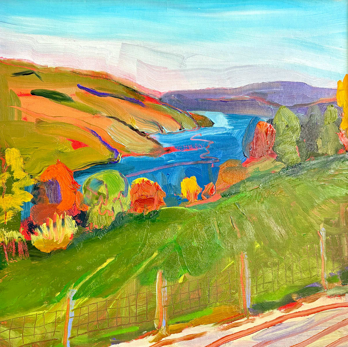 Living Roots by Maureen Church  Image: A plein air of Keuka Lake from Living Roots Winery